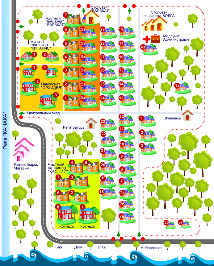Схема расположения пансионатов (Каспий, Волга, Орхидея, Баракат)
